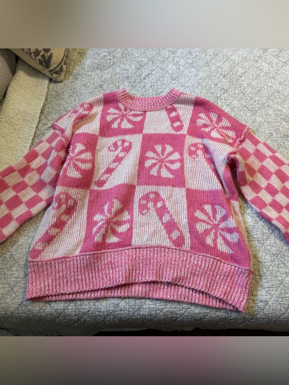Pink Candy Cane Checkered Holiday Sweater
